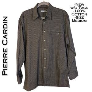 Pierre Cardin Mens Dress Shirt Medium Brown Cream Check 100% Cotton Tailored NEW